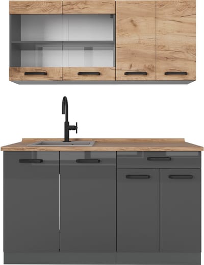 Vicco R-Line Eenpersoonskeuken – 140 cm tweekleurige kasten, BL Eik Eik goud/antraciet