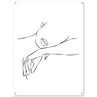 Tuinposter 90x120 cm - Tuindecoratie Abstracte line art van een vrouw die op haar arm rust - Poster voor in de tuin - Buiten decoratie - Schutting tuinschilderij - Tuindoek muurdecoratie - Wanddecoratie balkondoek