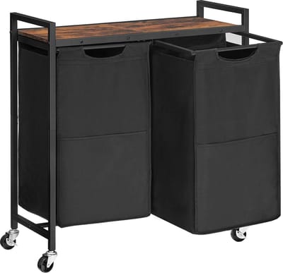 TRANKIELO® - Wasmand met 2 Vakken en Plank – Vintage Bruin-Zwart – Wassorteerbak – Waswagen met Uitneembare Zakken