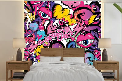 Behang - Fotobehang Design - Superstar - Cool - Patronen - Lippen - Kids - Breedte 240 cm x hoogte 240 cm