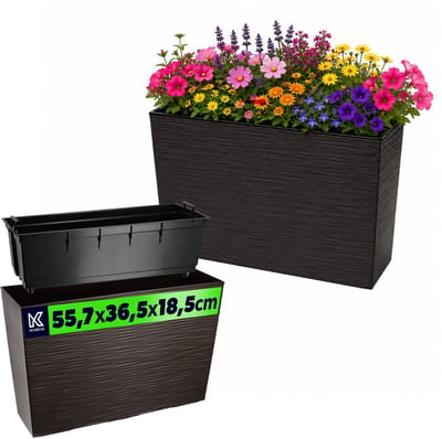 KADAX Bloembak van kunststof, 18,5 x 55,7 cm, 5 kleuren, bloempot met irrigatiebanden, balkonbak met inzetstuk, plantenbak voor buiten, bloembak (rechthoekig, ruitpatroon, mokka)