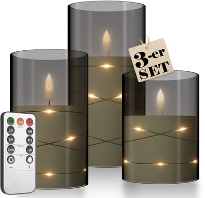 Set van 3 LED-kaarsen met lichtsnoer Vlamloze kaarsen met afstandsbediening Stompkaarsen met timerfunctie Elektrische kaarsen Flikkerende vlam voor tafeldecoratie Badkamerdecoratie Woonkamerdecoratie - Matgrijs