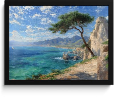 Poster in lijst - Fotolijst 40x30 cm - Posters - Rotsen - Kustlijn - Boom - Bergen - Posterlijst zwart - Decoratie - Wanddecoratie woonkamer - Muurdecoratie slaapkamer