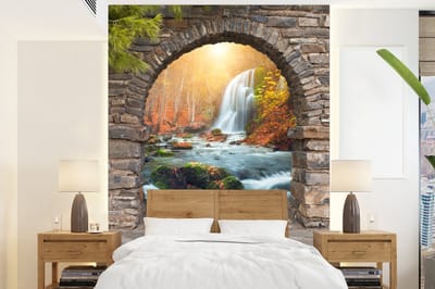 Behang - Fotobehang Doorkijk - Waterval - Herfst - Landschap - Breedte 195 cm x hoogte 260 cm