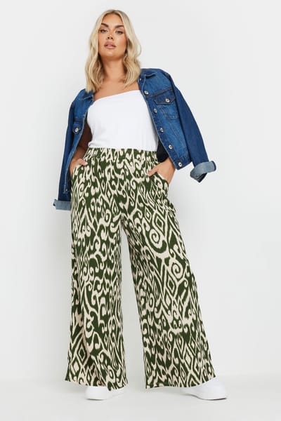 Yours Broek Met Abstracte Print Met Textuur En Wijde Pijpen In Groen Size 50-52