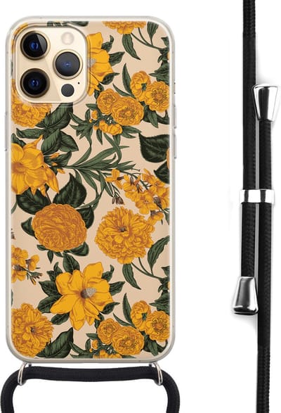 Hoesje met koord - Geschikt voor iPhone 12 - Retro flowers - Verstelbaar zwart koord - Transparant, Geel - Bloemen - Leuke Telefoonhoesjes