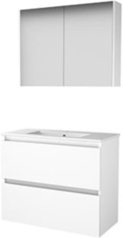 Basic-Line Comfort 39 Badkamermeubelset - Ondiep - 80 x 39 cm - Greeploos - 2 Lades - Keramische Wastafel - 1 Kraangat - Spiegelkast - Ice White