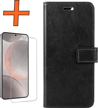 Hoes - Met Screenprotector - Geschikt voor Samsung Galaxy S24 - Luxe Pasjeshouder - Bookcase Portemonee - Flip Case - Kunstleer Book Case - Flipcase - Book Cover - Walletcase - PortemonneeHoes - Zwart