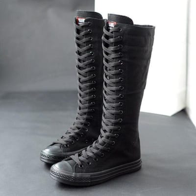 Automne femmes chaussures toile décontracté chaussures hautes bottes longues à lacets fermeture éclair confortable bottes plates baskets 42 black