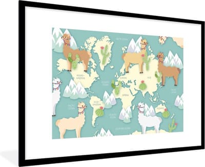 Poster in lijst - Fotolijst 90x60 cm - Posters - Wereldkaart - Alpaca - Bergen - Posterlijst zwart - Decoratie - Wanddecoratie woonkamer - Muurdecoratie slaapkamer