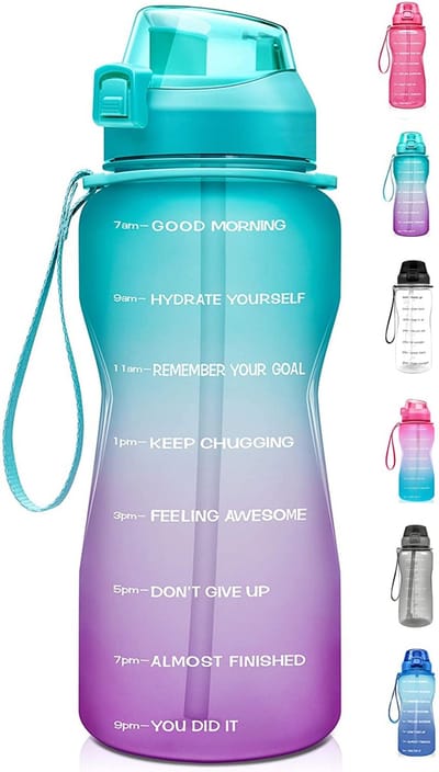 FLOOQ - Waterfles - Bidon - Sportdrankfles - Grote waterfles - Rietje - 2 Liter - Lekvrij - Tijdsmarkering - Motivatie Waterfles - Groen/Paars