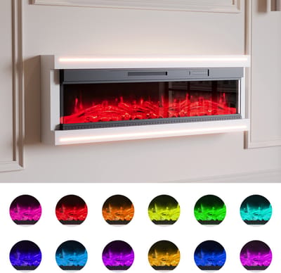 50-inch Wandgemonteerde Elektrische Kachel – 3D LED Vlam Effect (12 Kleuren), 1500W Verwarming, RGB Ambianceverlichting & Afstandsbediening (Wit)