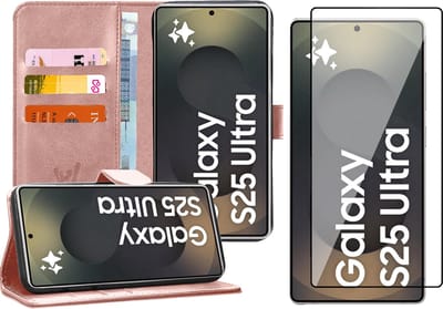 Hoesje geschikt voor Samsung Galaxy S25 Ultra - Screenprotector Glas - Portemonnee Book Case Rosegoud