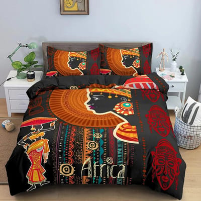 Afrikaanse Etnische Beddengoedset Oranje Boheemse Stijl Dekbedovertrek King Queen Vintage Vrouw Polyester Dekbedovertrek Voor Tieners Volwassenen AU Single(140x210cm)