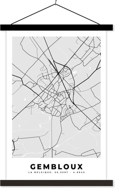 Posterhanger incl. Poster 40x60 cm - Schoolplaat - Zwart Wit – België – Plattegrond – Stadskaart – Kaart – Gembloux - Textielposter - Zwarte latten - Stadskaart