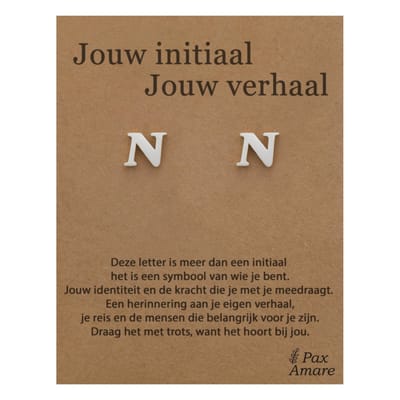 Letter N Oorbellen op Cadeau Kaartje - Jouw initiaal, jouw verhaal - Zilverkleurig Stainless Steel - 7mm Initiaal Oorknopjes- Pax Amare