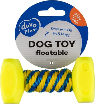 Duvo+ - dumbell - 17x8 cm -touw blauw geel, drijvend - Voor meerdere honden is dit hun doedoe - duurzaam en sterk