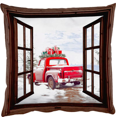 Sierkussens - Kussentjes Woonkamer - 50x50 cm - Doorkijk - Auto - Rood - Cadeaus - Winterlandschap - Kerst