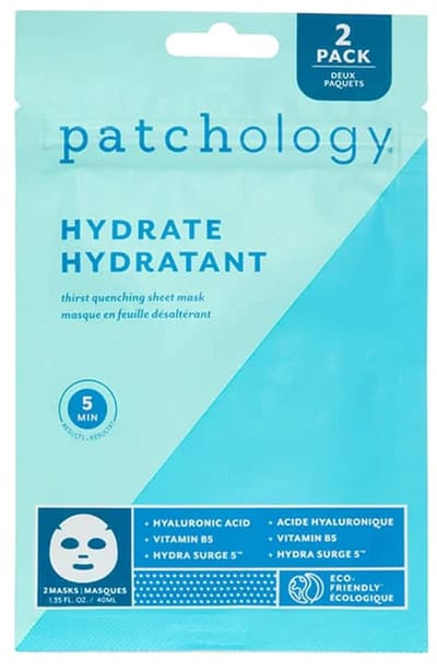 Patchology FlashMasque Hydrate 5 Minute Face Sheet Mask Duo-Pack – Intens Hydraterend Gezichtsmasker Met Hyaluronzuur, Vitamine B5 & Betaïne – Voor Droge En Vochtarme Huid – Snelle Hydratatie & Glow In 5 Minuten – 2 Maskers