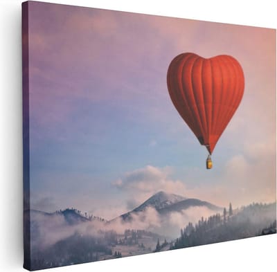 Artaza Canvas Schilderij Hart Luchtballon - 40x30 cm - Klein - Wanddecoratie Zonsondergang - Muurdecoratie Bergen - Schilderijen Op Canvas