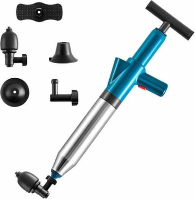 Professionele Luchtdruk Pomp Ontstopper - 4 Ontstoppingskoppen - Luchtdruk Meter - RVS - Gootsteenontstopper - Toilet - WC - Afvoer - Rioolontstopper - Ontstoppingsveer - Plopper - 0-8 Bar - Blauw