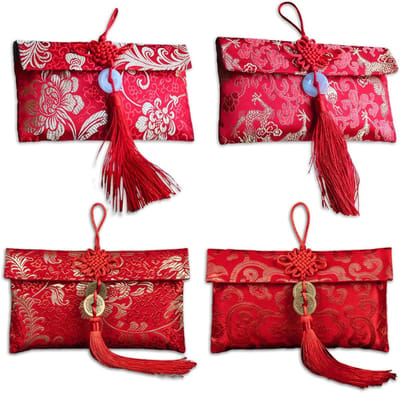 Luxe Rode Zijde Enveloppen voor Bruiloften - Grote Capaciteit, Hoogwaardige Chinese Borduursels en Perfect voor Feestdagen