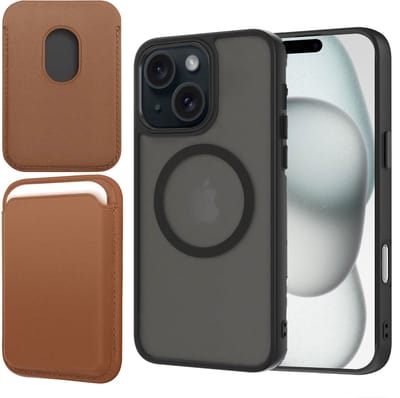 Hoesje + Pasjeshouder geschikt voor iPhone 15 - Portemonnee geschikt voor MagSafe - Magnetisch - Pasjes Houder - Creditcardhouder - Bruin