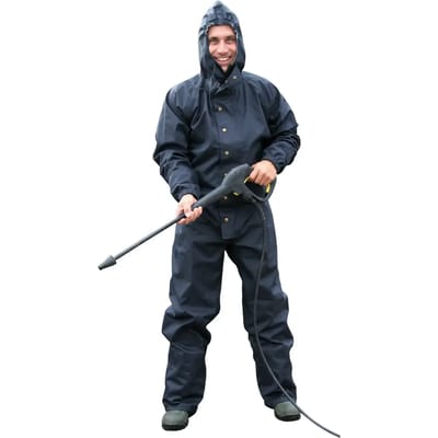 Kerbl Spuitoverall - Lichaamslengte 160 cm (M) - Was- en Reinigingsoverall met Capuchon - Elastische Tailleband - Waterdicht - Regenoverall - Ritssluiting met extra knoopsluiting - Donkerblauw