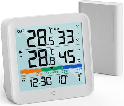 Binnen en buiten thermometer - Hygrometer weerstation - Temperatuur meten - Draadloze afstandssensor - 100 meter bereik - Wit
