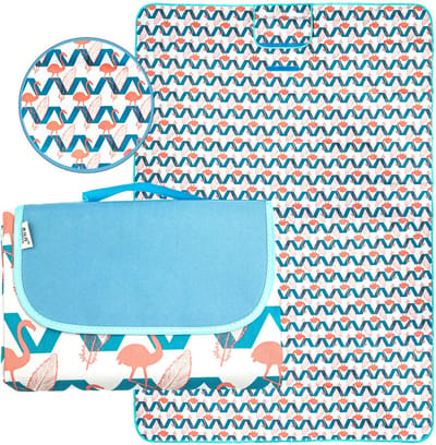 Intirilife Opvouwbaar Picknickkleed Picknickdeken in flamingo ontwerp waterdicht - Open 199 x 190 cm - Opgevouwen 31.5 x 21 x 4.5 cm - Buitenkleed voor camping wandelen tuin en park eenvoudig mee te nemen