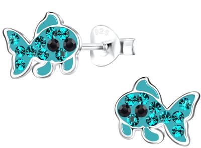 Joy|S - Zilveren vis oorbellen - 7 x 9 - turquoise blauw groen - kristal - visje oorknoppen - kinderoorbellen