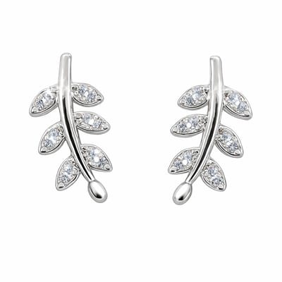Zilveren dames oorbellen - takje - blaadje - oorstekers - zirkonia steentjes - 13 mm - glinsterend - 925 sterling silver