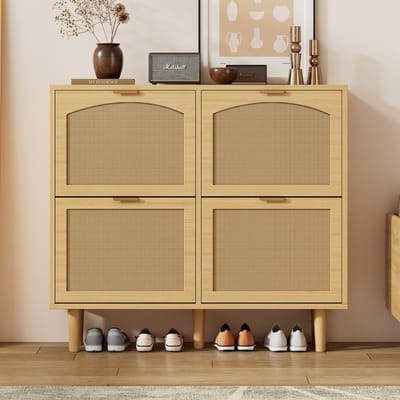 Wishdor - Schoenenkast - Opengewerkt Rattan - Landelijke Stijl - Voor Hal - Spaanplaat - Licht Eiken - 100 x 25 x 90 cm
