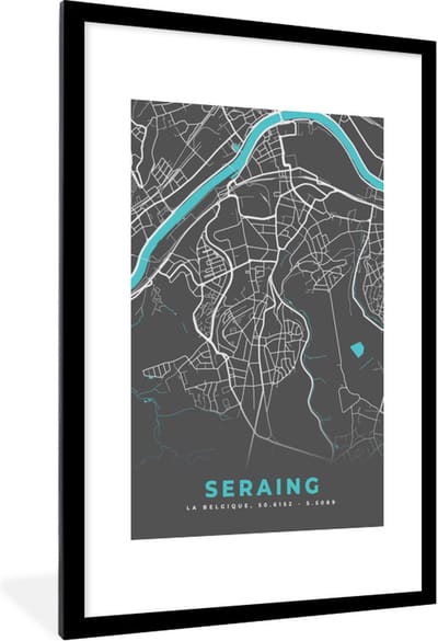 Fotolijst incl. Poster - Stadskaart – Grijs - Kaart – Seraing – België – Plattegrond - 80x120 cm - Posterlijst