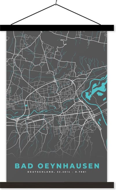Posterhanger incl. Poster 40x60 cm - Schoolplaat - Duitsland – Blauw – Bad Oeynhausen – Stadskaart – Kaart – Plattegrond - Textielposter - Zwarte latten - Stadskaart