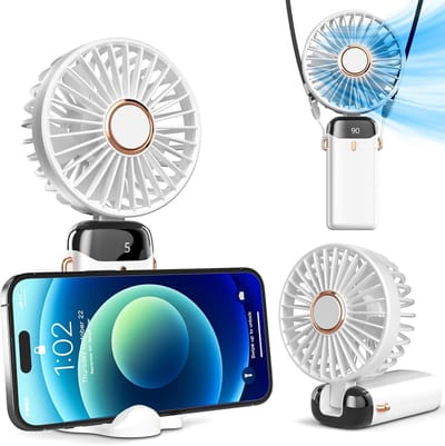 Draagbare handventilator - ventilator op batterijen met voet - LED-display - 5 snelheden - 90° verstelbare opvouwbare bureauventilator - USB oplaadbare miniventilator voor binnen en buiten - Wit