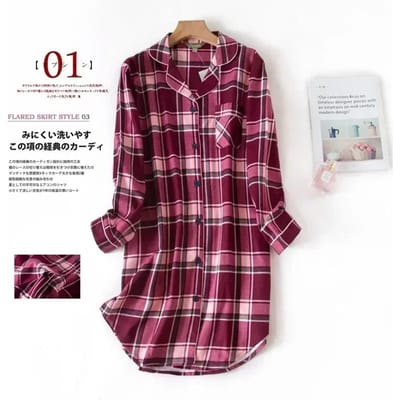 Flanel Katoenen Thuis Nachthemd Cardigan Shirt Nachthemd Schattige Cartoon Plaid Ontwerp Pyjama Pyjama voor Vrouwen M black