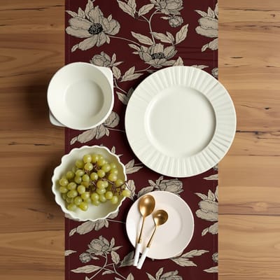 ABAKUHAUS Bloementafelloper, Klassieke bloemen schetsen, Eetkamerkeuken Rechthoekige decoratieve Tafelloper, 40 x 300 cm, Roodbruin Ecru