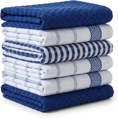 Katoenen keukendoeken, 6 stuks, microvezel en badstof, absorberende theedoeken, reinigingsdoeken, rood, blauw