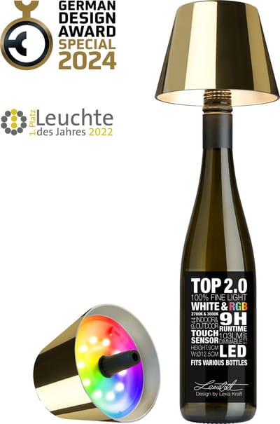 Sompex Flessenlamp " TOP " met houdbare kurk| 2.0 Led| Goud - indoor / outdoor - oplaadbaar | RGB