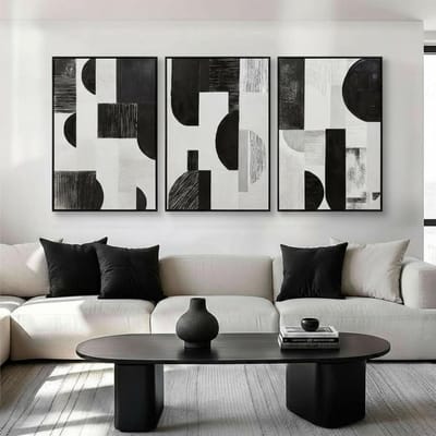 Abstracte Muurkunst Set - Geometrische Prints - Woonkamer Decoratie - Getextureerd Canvas - 3x 40x60 cm - Zwart Wit Grijs