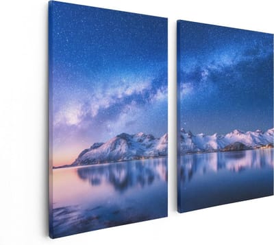 Artaza Canvas Schilderij Tweeluik Melkweg Bij Besneeuwde Bergen - 80x60 - Foto Op Canvas - Canvas Print
