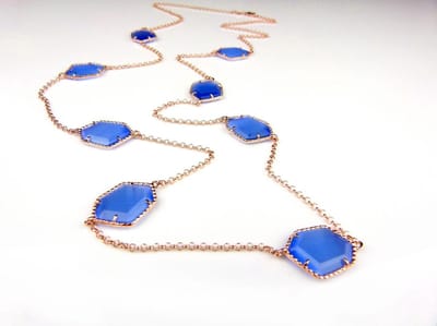 Zilveren halsketting halssnoer collier roos goud verguld Model Hexagon gezet met blauwe stenen