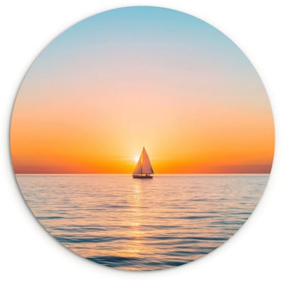 WallCircle® Wandcirkel 120x120 cm - Muurcirkel Zee - Zeilboot - Zonsondergang - Muurdecoratie woonkamer - Wanddecoratie slaapkamer - Kamer decoratie accessoires - Ronde schilderijen XXL