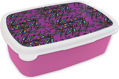 Broodtrommel Roze - Lunchbox - Brooddoos - Veren - Patroon - Pluimen - Paars - 18x12x6 cm - Kinderen - Meisje