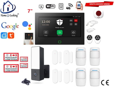 Draadloos / bedraad alarmsysteem met 7-inch touchscreen voor woning/camper/boot/caravan werkt met wifi en sim kaart en met spraakgestuurde apps. (Nederlands of Frans stem en tekst). ST01B-40