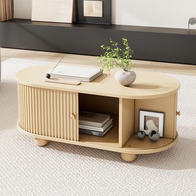 BLACKCOLORS Ovaal salontafel met opbergruimte en schuifdeuren, multifunctioneel meubel dat weinig ruimte inneemt, houtkleur