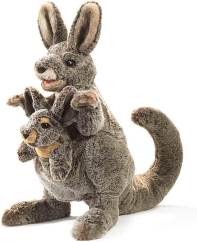 Kangoeroe met baby - Dierenpop - Poppenkast spelen - Baby uitneembaar - 51 x 26 x 46 cm - bruin