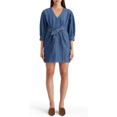 Scotch & Soda Belted V - Neck Washed Denim Dress Washed Indigo Size: 36 | Mini Dresses Outlet | Dames | Blauw