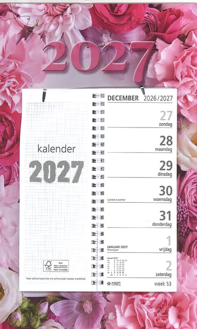 MGPcards - Omlegweekkalender 2027 - Week begint op zondag - 21 x 34 cm - Bloemen - Roze - Fuchsia